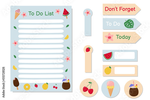 Collection of stickers and To Do List with cute summer objects. Colorful ice cream, fruit and berries. Elements for agenda, check lists, planner, organizer and other stationery.