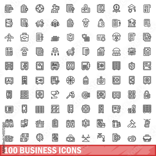 100 business icons set. Outline illustration of 100 business icons vector set isolated on white background