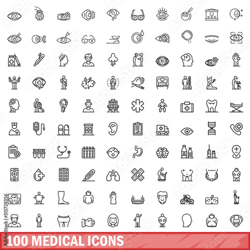 100 medical icons set. Outline illustration of 100 medical icons vector set isolated on white background