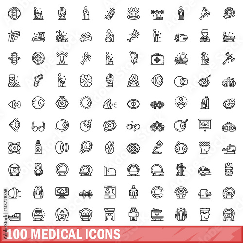 100 medical icons set. Outline illustration of 100 medical icons vector set isolated on white background