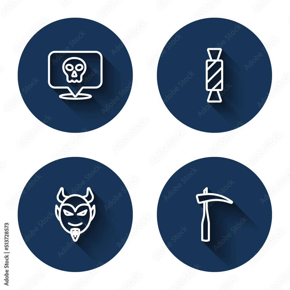 Set line Skull, Candy, Devil head and Scythe with long shadow. Blue circle button. Vector Set line Skull, Candy, Devil head and Scythe with long shadow. Blue circle button. Vector