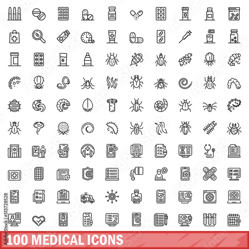 100 medical icons set. Outline illustration of 100 medical icons vector set isolated on white background