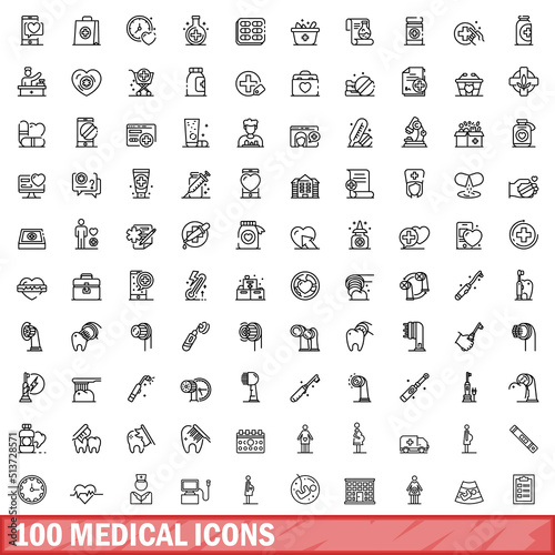 100 medical icons set. Outline illustration of 100 medical icons vector set isolated on white background