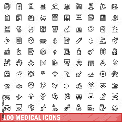 100 medical icons set. Outline illustration of 100 medical icons vector set isolated on white background