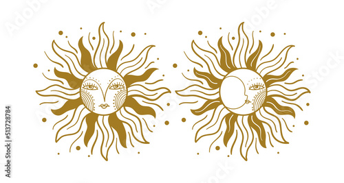 Sun and moon sign set. Golden mystical tarot icon isolated on white. Vector hand drawing. Naive vintage graphics for boho design.
