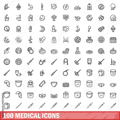 100 medical icons set. Outline illustration of 100 medical icons vector set isolated on white background