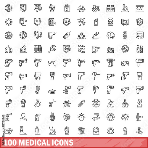 100 medical icons set. Outline illustration of 100 medical icons vector set isolated on white background