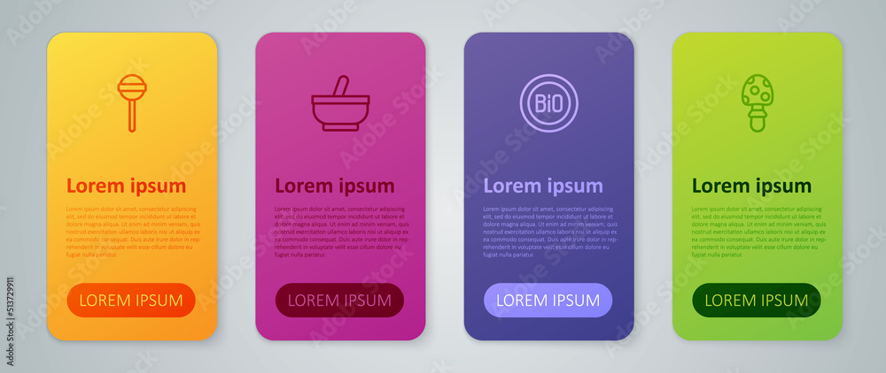 Set line Banner for bio, Fly agaric mushroom, Lollipop and Mortar and pestle. Business infographic template. Vector