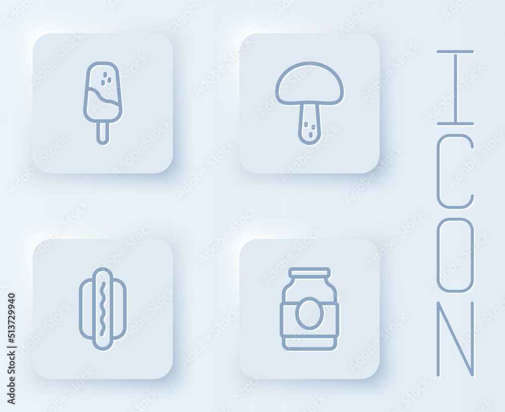 Set line Ice cream, Mushroom, Hotdog and Jam jar. White square button. Vector Set line Ice cream, Mushroom, Hotdog and Jam jar. White square button. Vector