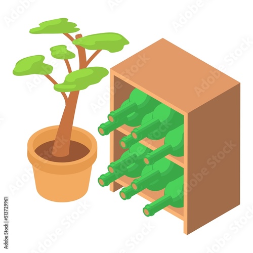 Cellar furniture icon isometric vector. Bottle wine in winery rack, potted flower. Winery cellar, restaurant basement, winemaking