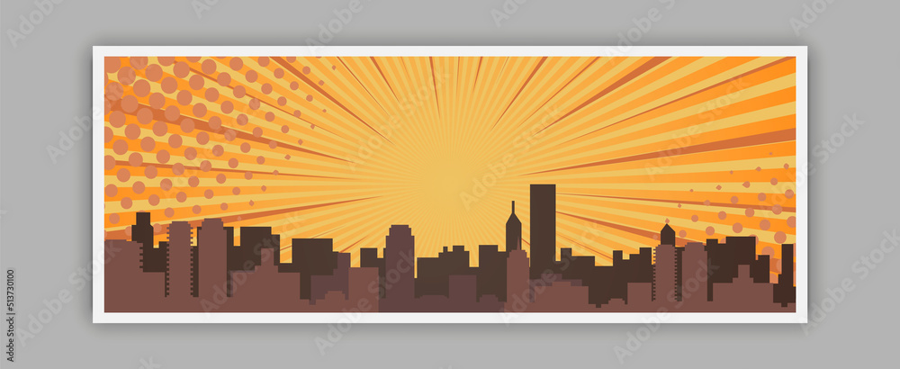 Night cityscape comic background with dark city radial rays and halftone effects. Vector illustration