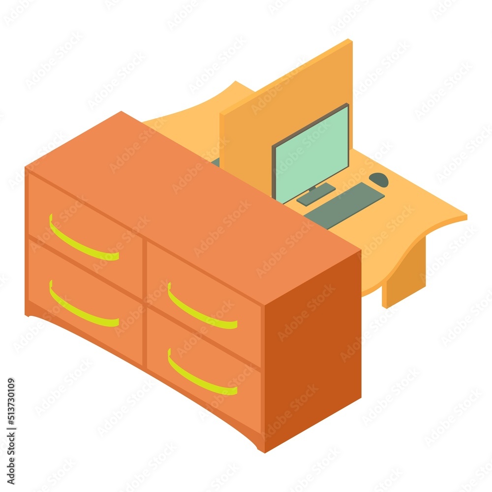 Coworking icon isometric vector. Desktop with computer and cabinet with shelf. Modern furniture, workplace, interior
