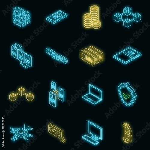 Blockchain icon set. Isometric set of blockchain vector icons neon on black