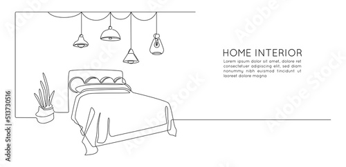 Continuous one line drawing of double bed and table and loft chandelier lamps. Modern scandinavian interior for cozy bedroom in simple linear style. Editable stroke. Doodle vector illustration