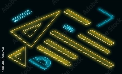 Ruler icon set. Isometric set of ruler vector icons neon on black