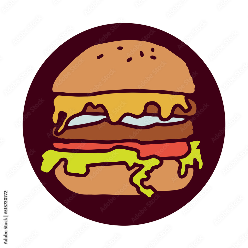 Tasty juicy hamburger for fast food lunch, outdoor picnic. Junk food sandwich with meat in cafe menu, restaurant kitchen. Hand drawn retro vintage colourful illustration. Comics cartoon style drawing. Tasty juicy hamburger for fast food lunch, outdoor picnic. Junk food sandwich with meat in cafe menu, restaurant kitchen. Hand drawn retro vintage colourful illustration. Comics cartoon style drawing.