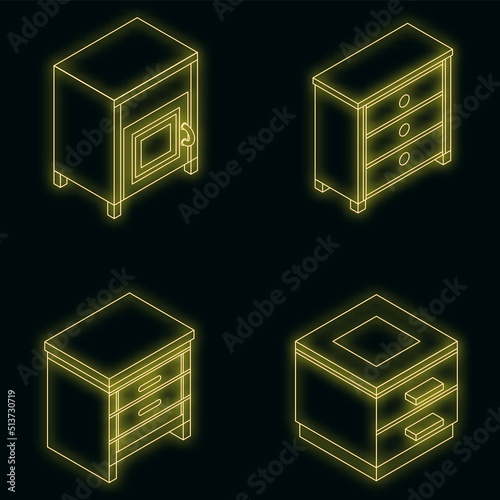 Nightstand furniture icon set. Isometric set of nightstand furniture vector icons neon on black