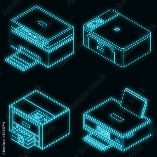 Printer icon set. Isometric set of printer vector icons neon on black