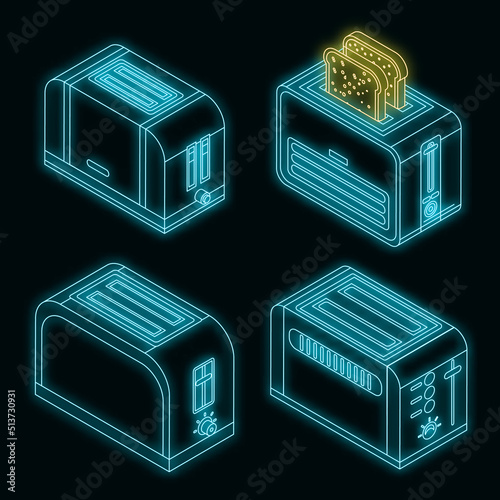 Toaster icon set. Isometric set of toaster vector icons neon on black