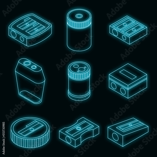 Sharpener icon set. Isometric set of sharpener vector icons neon on black