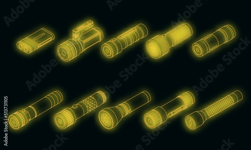 Flashlight icons set. Isometric set of flashlight vector icons neon on black