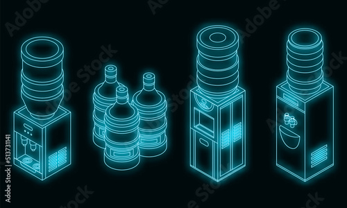 Cooler water icons set. Isometric set of cooler water vector icons neon on black