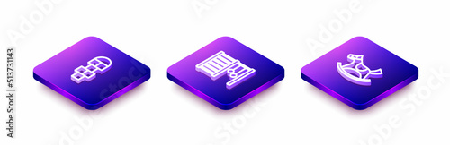 Set Isometric line Hopscotch, Swedish wall and Horse in saddle swing icon. Vector