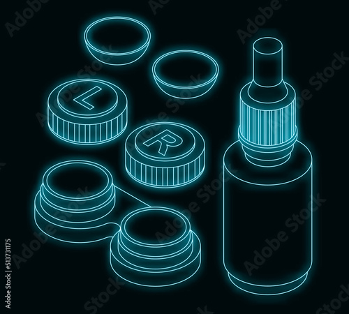 Contact lens icons set. Isometric set of contact lens vector icons neon on black