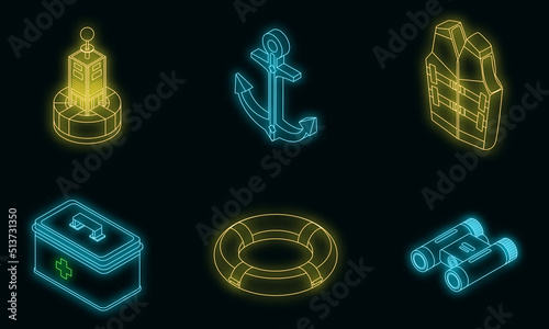 Sea safety icons set. Isometric set of sea safety vector icons neon on black