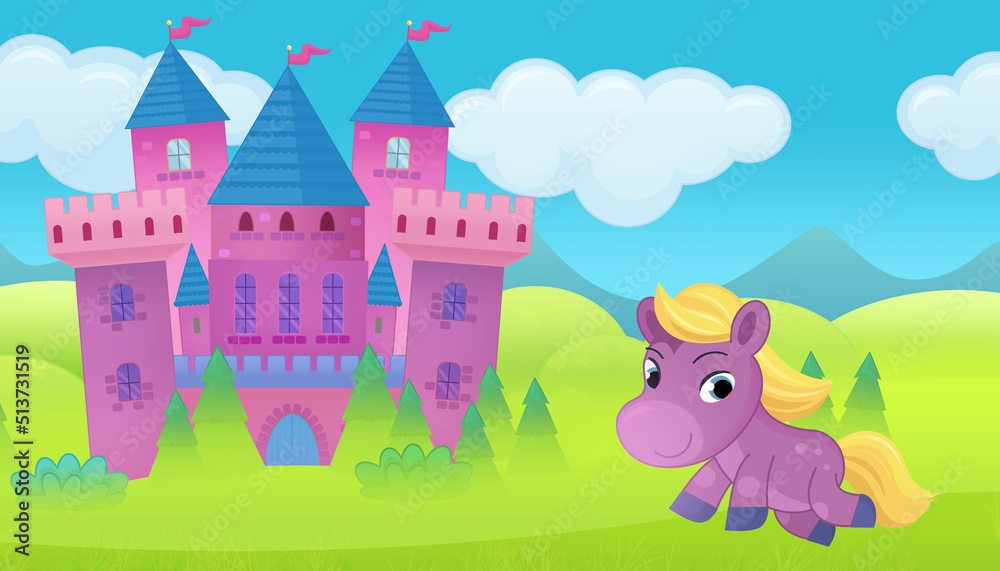 cartoon magical horse near fairy tale castle illustration