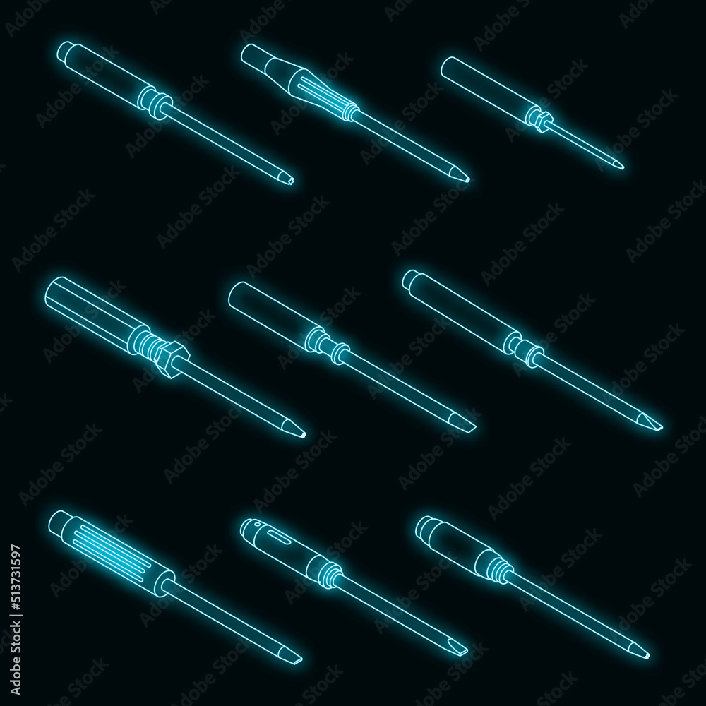 Screwdriver icons set. Isometric set of screwdriver vector icons neon on black