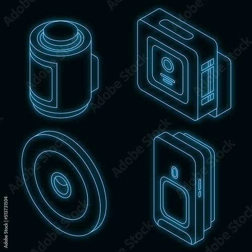 Motion sensor icons set. Isometric set of motion sensor vector icons neon on black