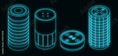 Smart speaker icons set. Isometric set of smart speaker vector icons neon on black