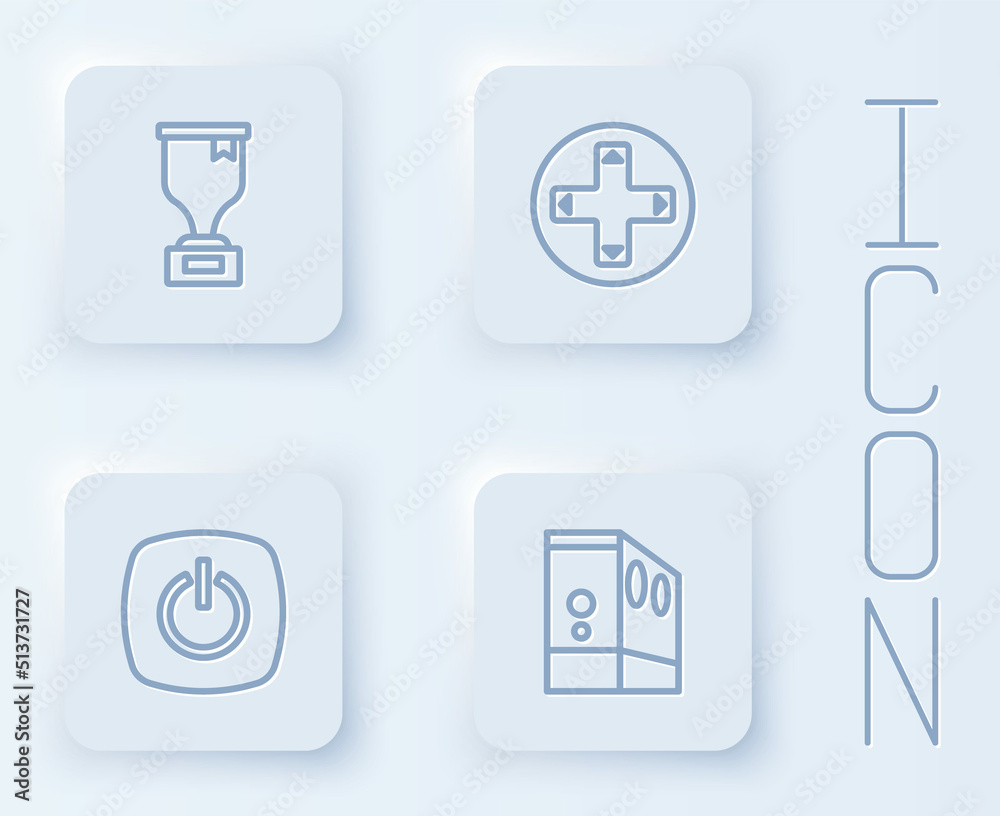 Set line Award cup, Game controller or joystick, Power button and Case of computer. White square button. Vector Set line Award cup, Game controller or joystick, Power button and Case of computer. White square button. Vector