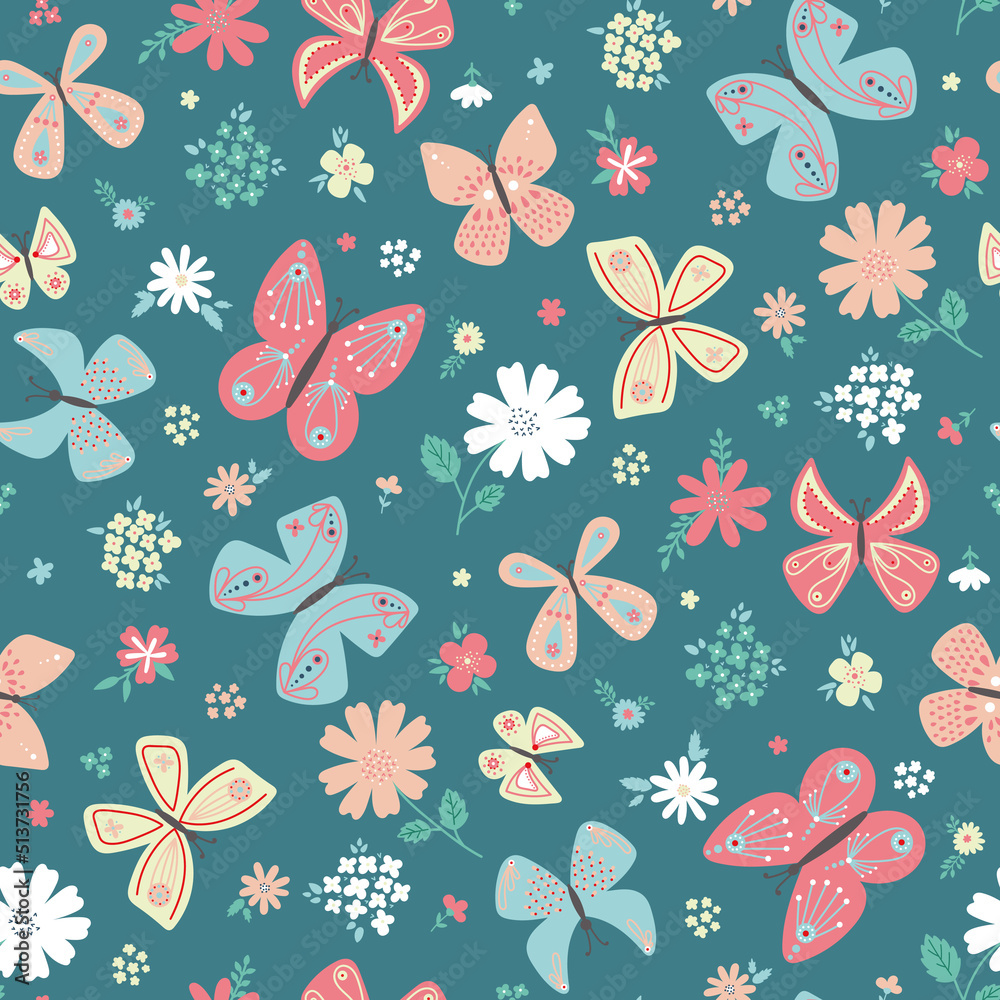 butterfly vector seamless repeat pattern design background. Random colorful butterfly silhouette, cute girly pastel pattern