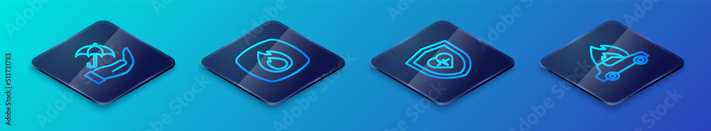 Set Isometric line Life insurance with shield, Umbrella hand, Burning car and Fire flame icon. Vector Set Isometric line Life insurance with shield, Umbrella hand, Burning car and Fire flame icon. Vector