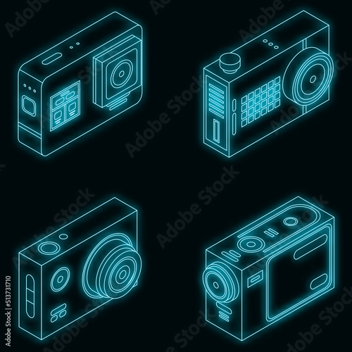 Action camera icons set. Isometric set of action camera vector icons neon on black