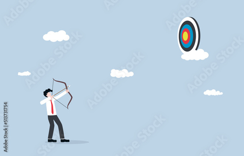 Aiming high business goal, ambition to win big, strategy and planning to success, leadership concept. Archery businessman aiming arrow to high target in the sky. 