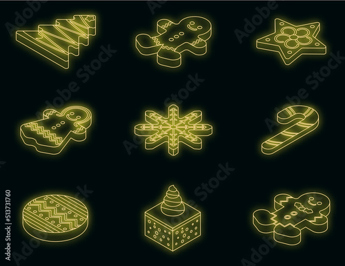Gingerbread icons set. Isometric set of gingerbread vector icons neon on black