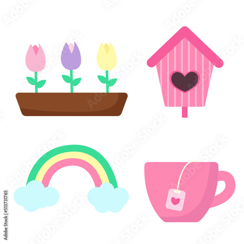 Set of spring elements. Flowers in pot, bird house, rainbow and cup with tea. Print for sticker pack, clothes, textile, seasonal design and decor. Illustration in pastel colors.  © Daria