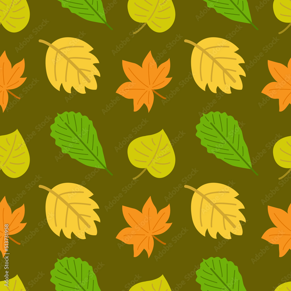 Fototapeta premium Seamless pattern with colorful autumn leaves. Fall background. Birch, maple and oak. Yellow, green and orange colors. Print for fabric, wallpaper, textile, gift wrap and clothes. Endless design.