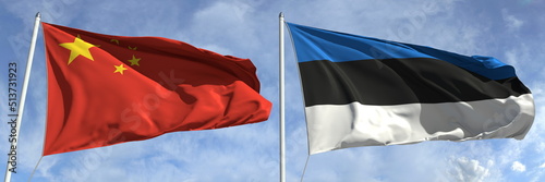 Flying flags of China and Estonia on high flagpoles. 3d rendering