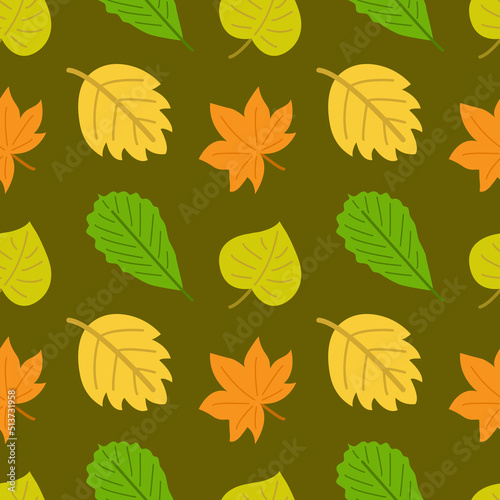 Seamless pattern with colorful autumn leaves. Fall background. Birch, maple and oak. Yellow, green and orange colors. Print for fabric, wallpaper, textile, gift wrap and clothes. Endless design. 
