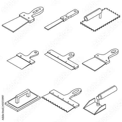 Putty knife icons set. Isometric set of putty knife vector icons thin line outline on white isolated