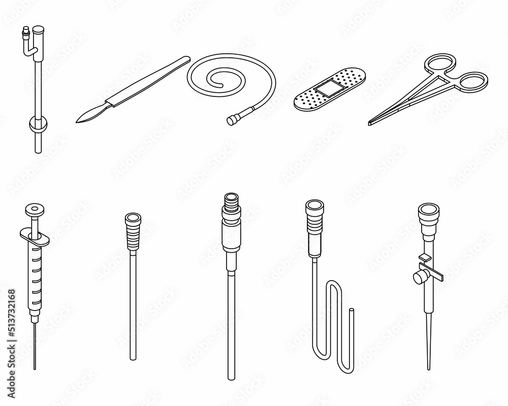 Catheter icons set. Isometric set of catheter vector icons thin line outline on white isolated Catheter icons set. Isometric set of catheter vector icons thin line outline on white isolated