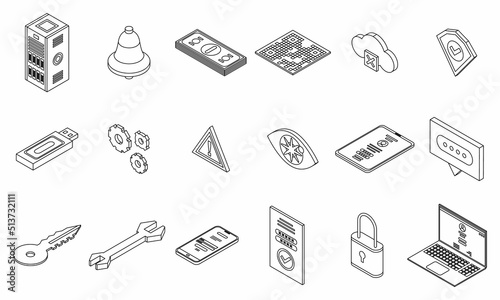 Multi-factor authentication icons set. Isometric set of multi-factor authentication vector icons thin line outline on white isolated