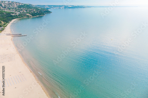 Aerial drone view of Albena empty sandy beach resort, Bulgaria photo