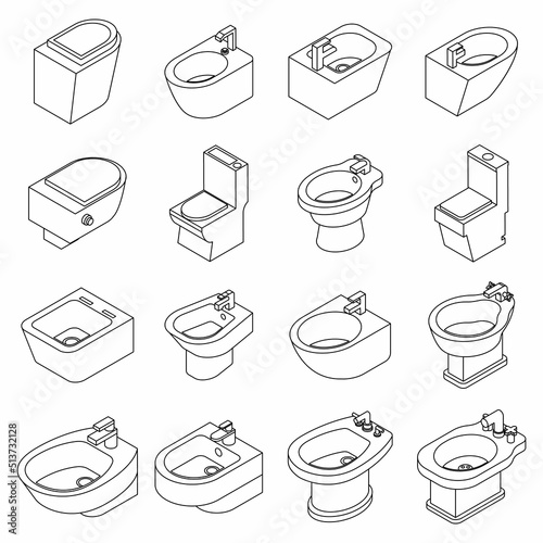 Bidet icons set. Isometric set of bidet vector icons thin line outline on white isolated