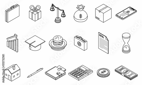 Subsidy icons set. Isometric set of subsidy vector icons thin line outline on white isolated
