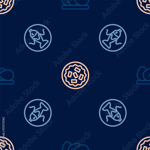 Set line Chicken egg, Served fish on a plate and Homemade pie on seamless pattern. Vector
